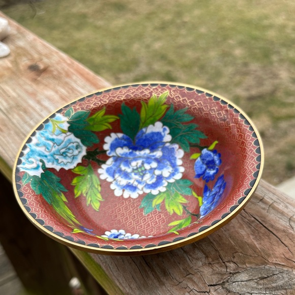 Cloisonne Other - Floral Cloisonné Vintage Enamel Bowl with Blue and Green Floral
